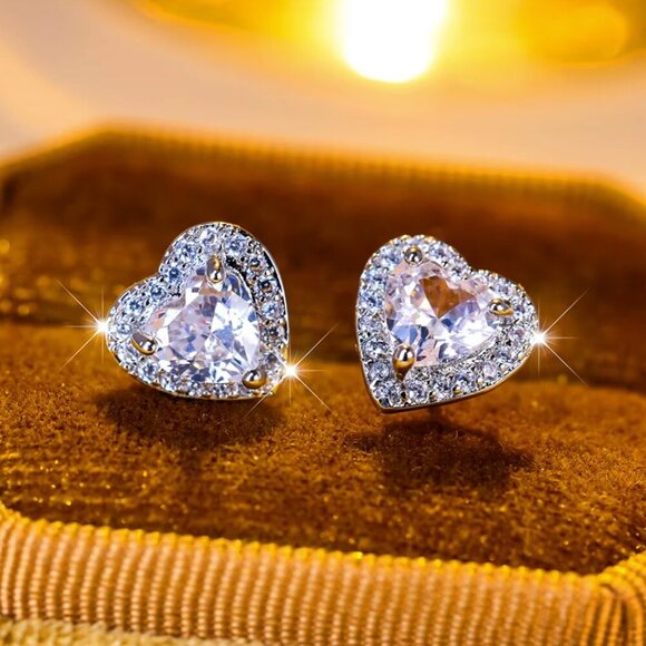 NEW 14k White Gold Blue Sapphire Diamond Earrings Heart Stud Earrings - Picture 3 of 5